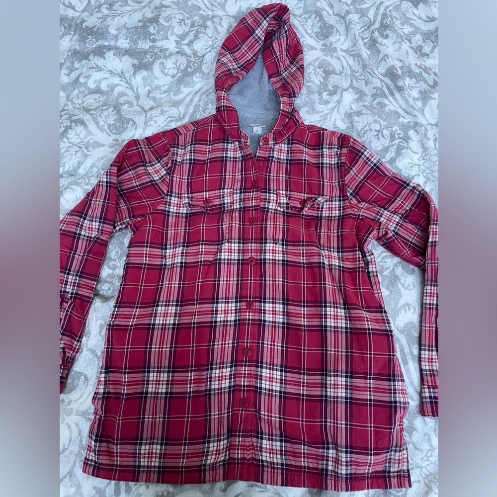 LL Bean Women’s Fleece Lined Flannel Hoody Strawberry Plaid Size Small